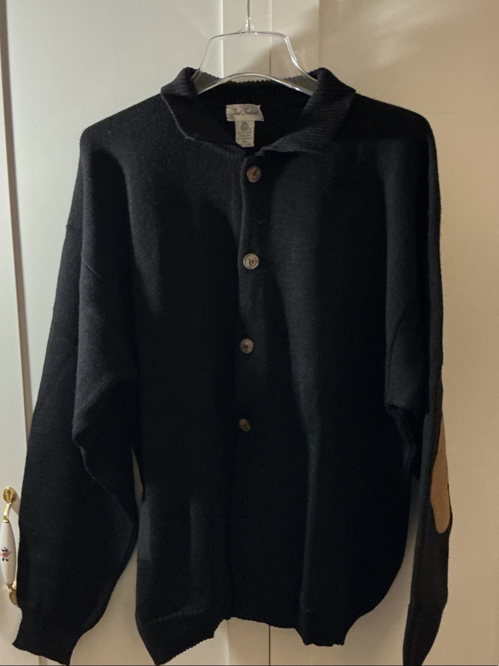 Paul Fredrick Black Cardigan with Brown Elbow Patches